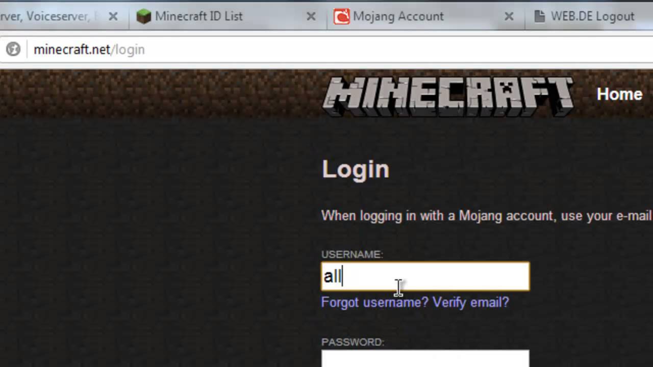 minecraft account password and email